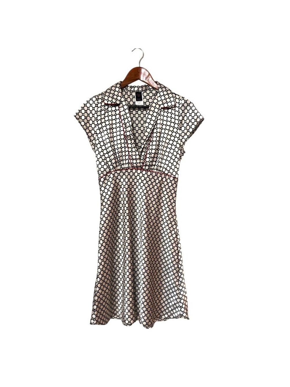 Vtg Polka Dot Cap Sleeve Satin Dress With Red Trim -‎ Medium slinky Retro